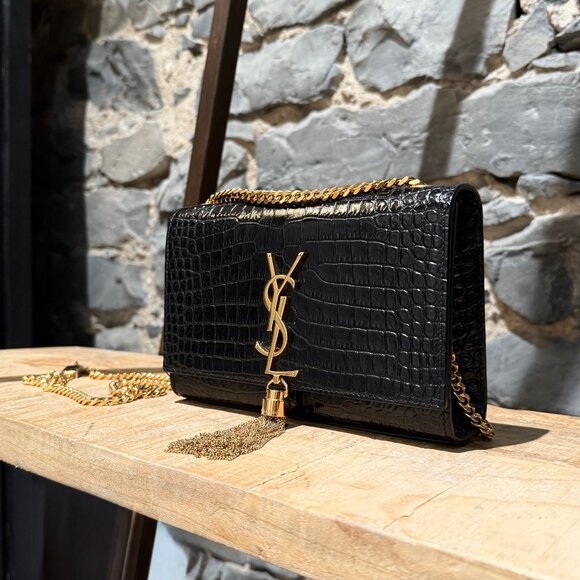 Saint Laurent Black Croc Embossed Small Kate Tassel Chain Bag - Picture 15 of 16